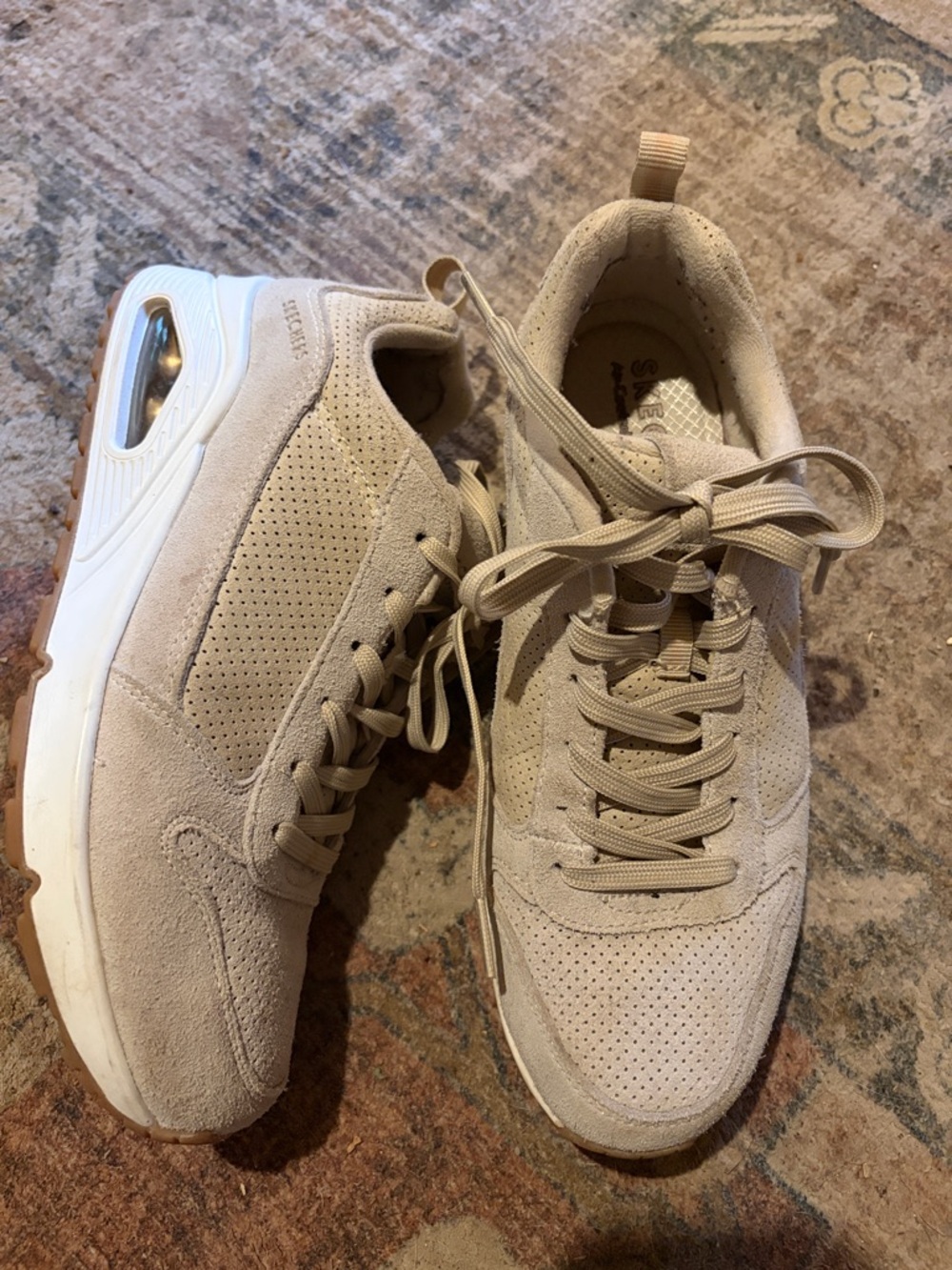 Skechers Women’s Beige Suede Perforated Lace-Up Sneakers